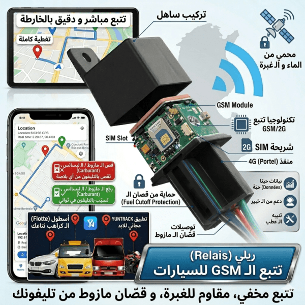 Mini traceur GPS pour voiture et moto avec application mobile de suivi en temps réel et fonction antivol, disponible en Tunisie.