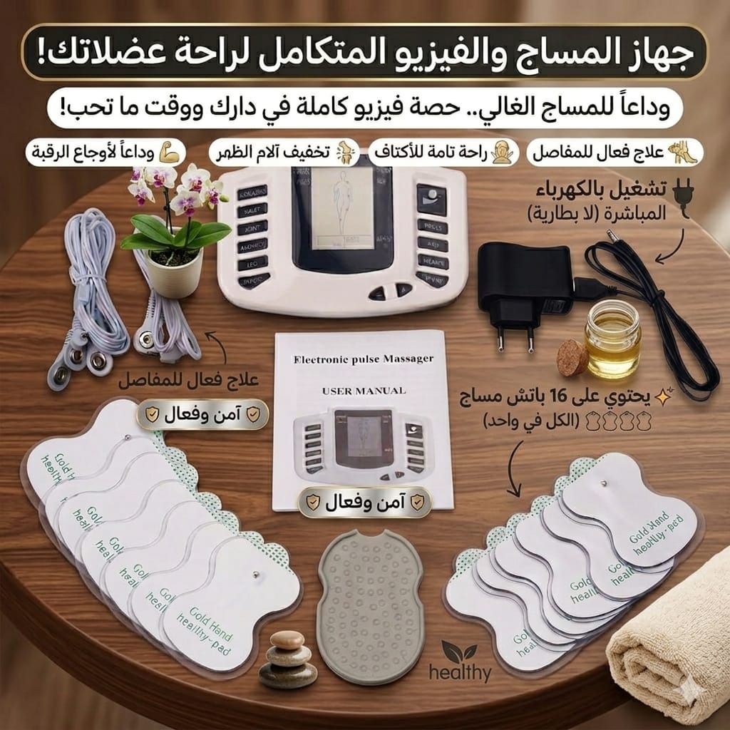 Appareil de massage EMS par stimulation musculaire électrique, tapis masseur de pieds ou patch cervical de physiothérapie, disponible en Tunisie.