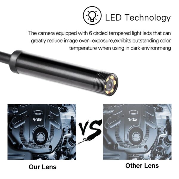 Caméra endoscope étanche avec éclairage LED inspectant l'intérieur d'un moteur de voiture.