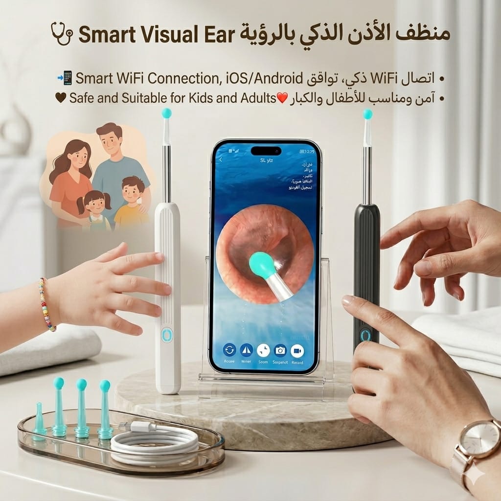 Endoscope Auriculaire Caméra Tunisie - Nettoyeur d'Oreille Connecté au Meilleur Prix Otoscope numérique connecté et endoscope auriculaire sans fil avec micro-caméra HD, lumières LED et embouts souples pour nettoyage d'oreille sur smartphone, disponible en Tunisie.