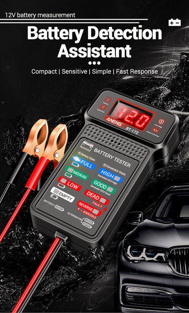Testeur de batterie automobile 12V avec écran LCD numérique et pinces crocodile rouge et noire.