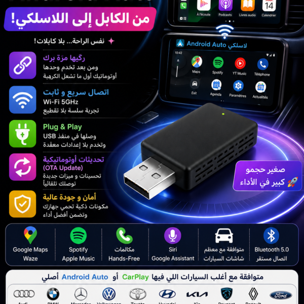 Adaptateur Sans Fil CarPlay & Android Auto 2-en-1 – WiFi 5 GHz – USB Plug & Play