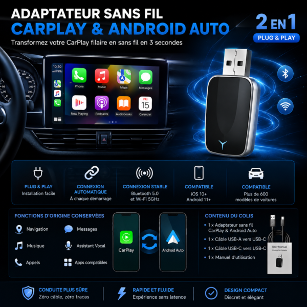 Adaptateur Sans Fil CarPlay & Android Auto – Dongle USB-A/USB-C Plug & Play pour iPhone et Android